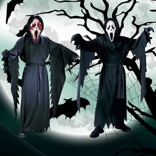 MUXIU Grim Reaper Cosplay Costume for Kids, Includes Cloak, Mask, and Hood, Halloween Costume, Skeleton Mask, Horror Costume Set, Perfect for Parties,
