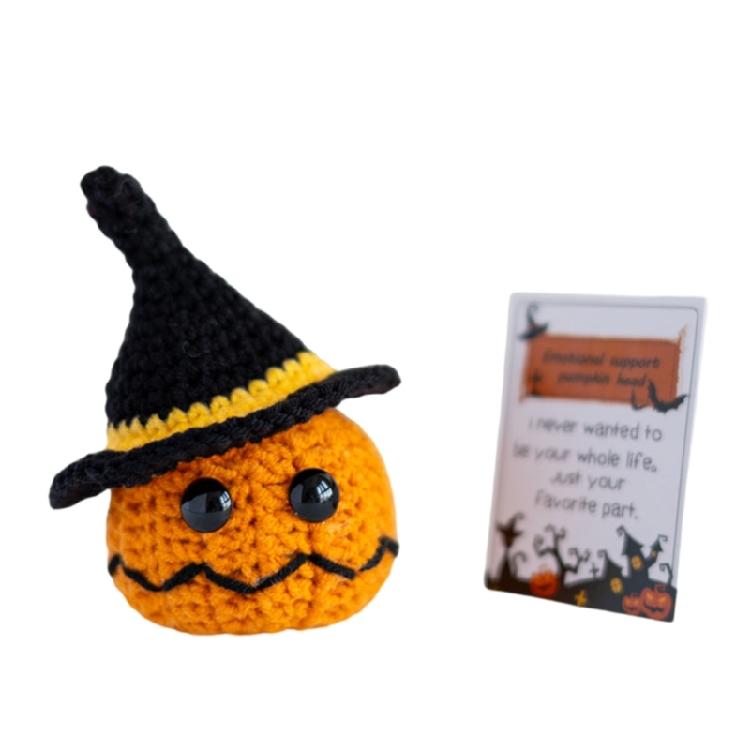 Festival Crochet Pumpkin Dolls with Positive Message Card Halloween Small Pumpkin Head Knit Toy Ornament for Gifting