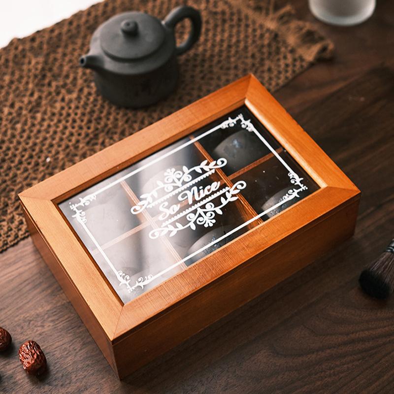 1pc 4/6 Grids Tea&coffee&spice&jewelry Dustproof Wooden Storage Box with Transparent lid,Perfect for Kitchen&dresser Place.
