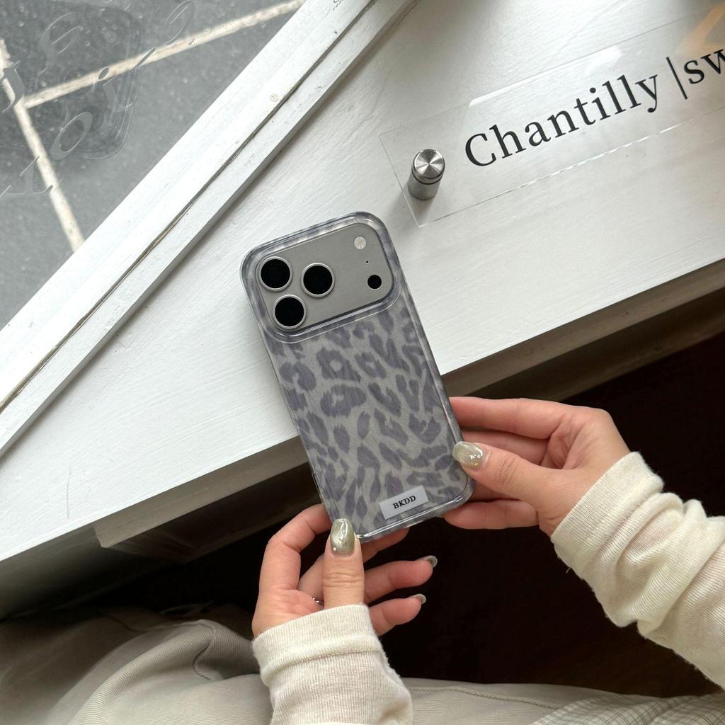 Korean-Style Grey Leopard Print Phone Case for Apple 16 Pro Max, Full Coverage, Also Fits iPhone 17/15 Pro