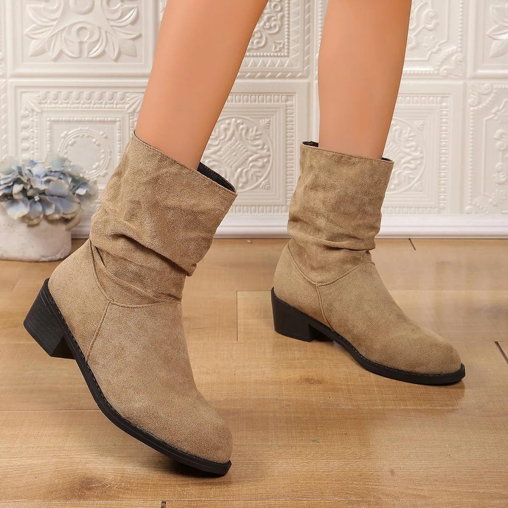 Autumn Winter Low Heel Round Toe Western Style Velvet Booties Women Fashion Short Boots Versatile Casual Dress Shoes
