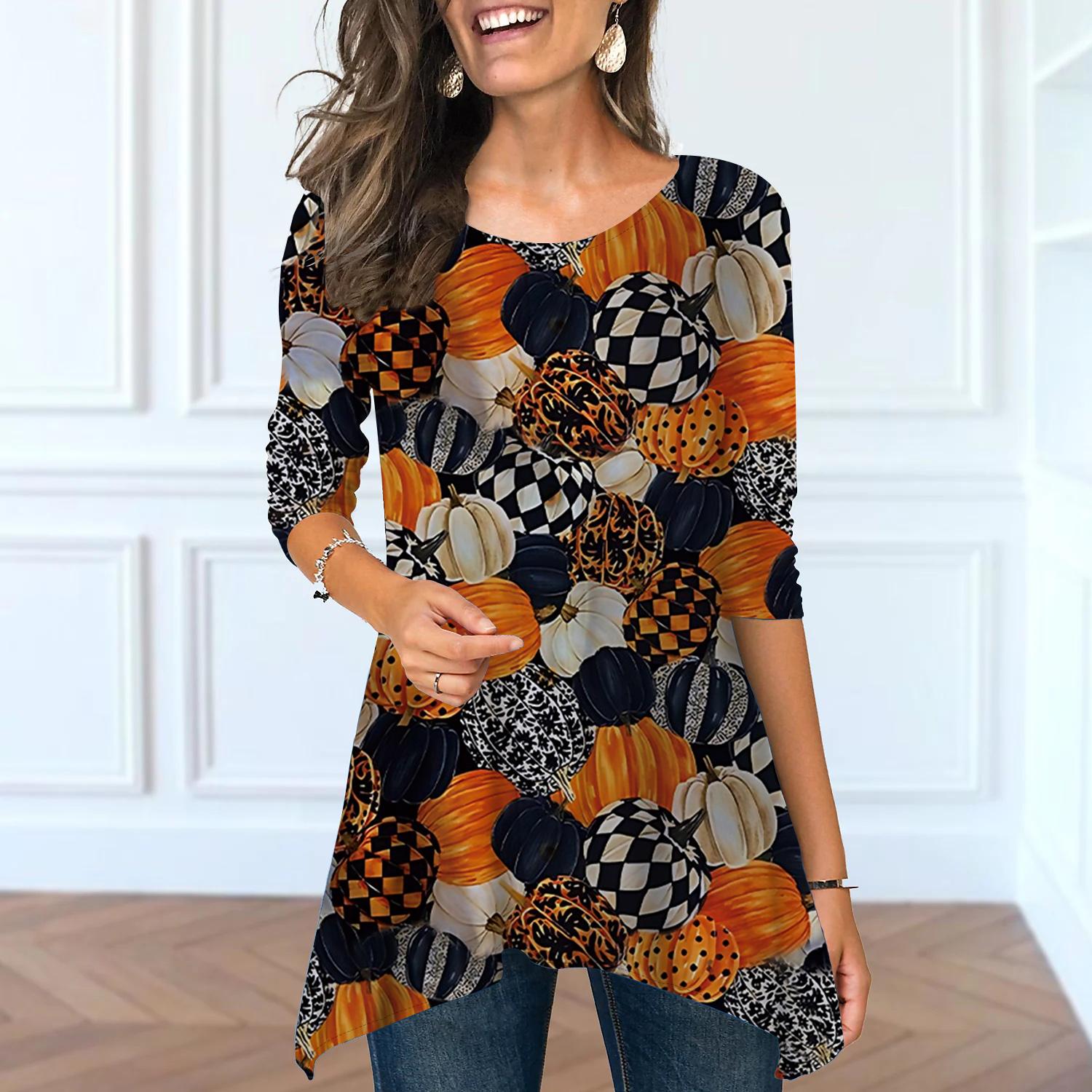 

Женские весенние топы с круглым вырезом и принтом Briquette, модные футболки с длинными рукавами и неровным подолом 8XL оранжевый