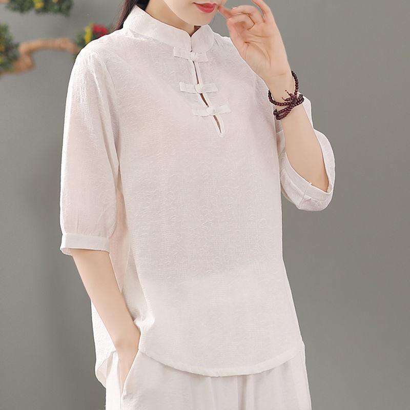 Blusa de Lino para Mujer Estilo Chino Cuello Mandarín Botón de Rana Manga Media Casual Primavera Verano