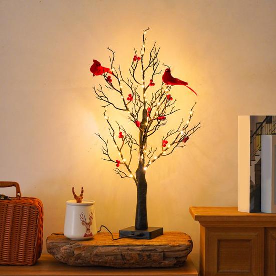 LED Vintage Glowing Tree with Cardinals Twinkle Trees Lamp Lifelike Berry Branch Lights Festive Holiday Party Decorations
