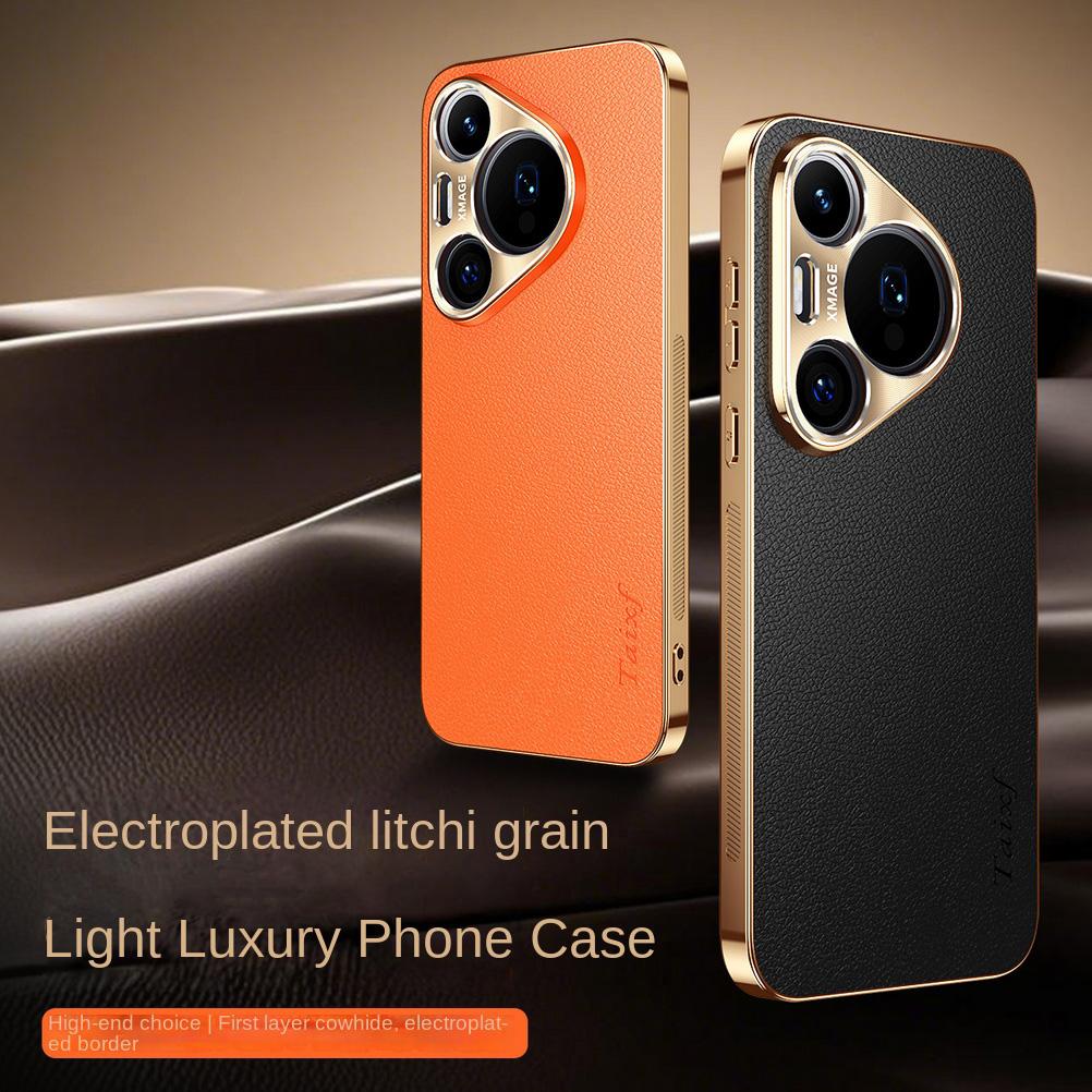 First Layer of Cowhide Lychee Texture Electroplated Frame Case For Huawei Pura 80 Ultra 70 Pro P60 P50 Mate 70 Pro + 60 50 Cover