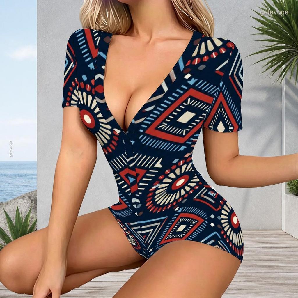 Women Plus Size Printed V Neck Short Sleeve Button Front Romper White Green Orange