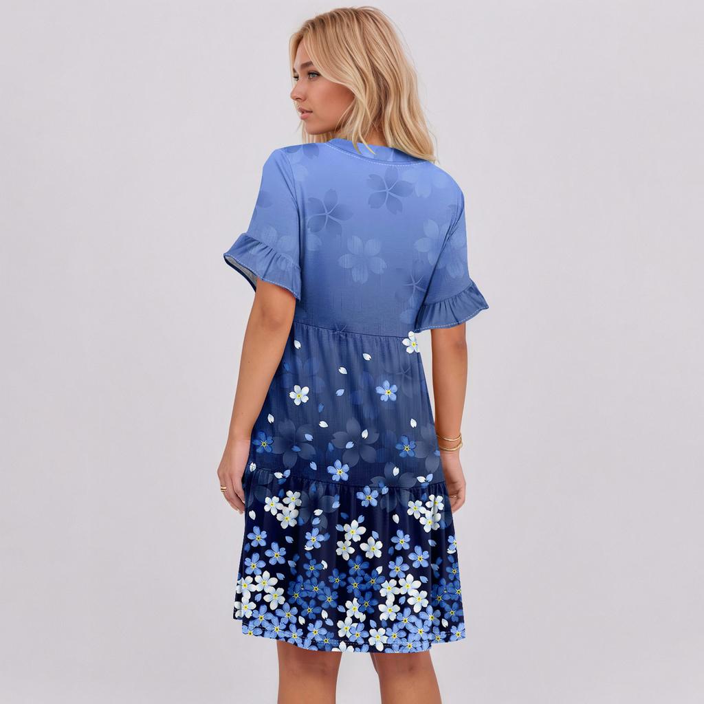 Womens Summer Dress Short Sleeve V Neck Short Dresses Fashion Casual Flowy Boho Ruffle A Line Swing Sundress With Pockets