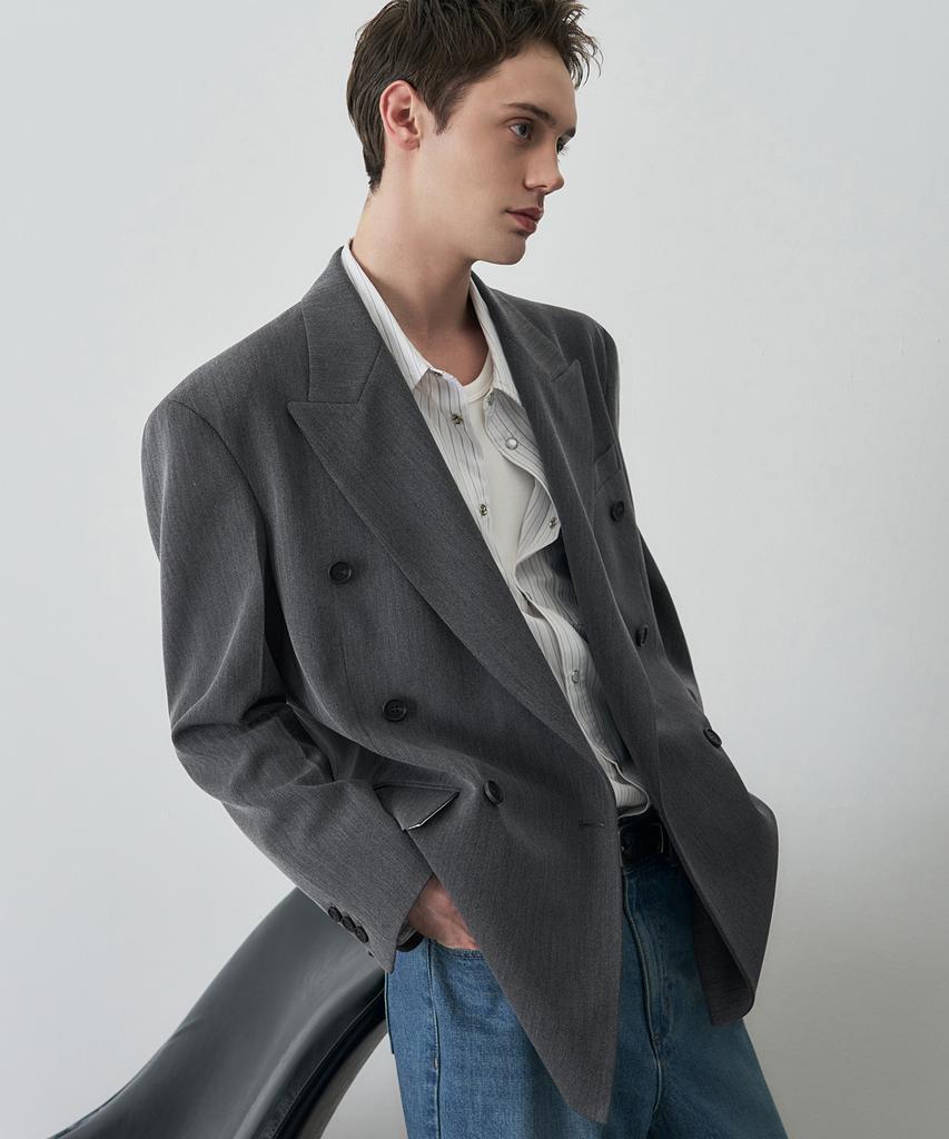 Draw Fit Herringbone Tailored Double Blazer [Grey]