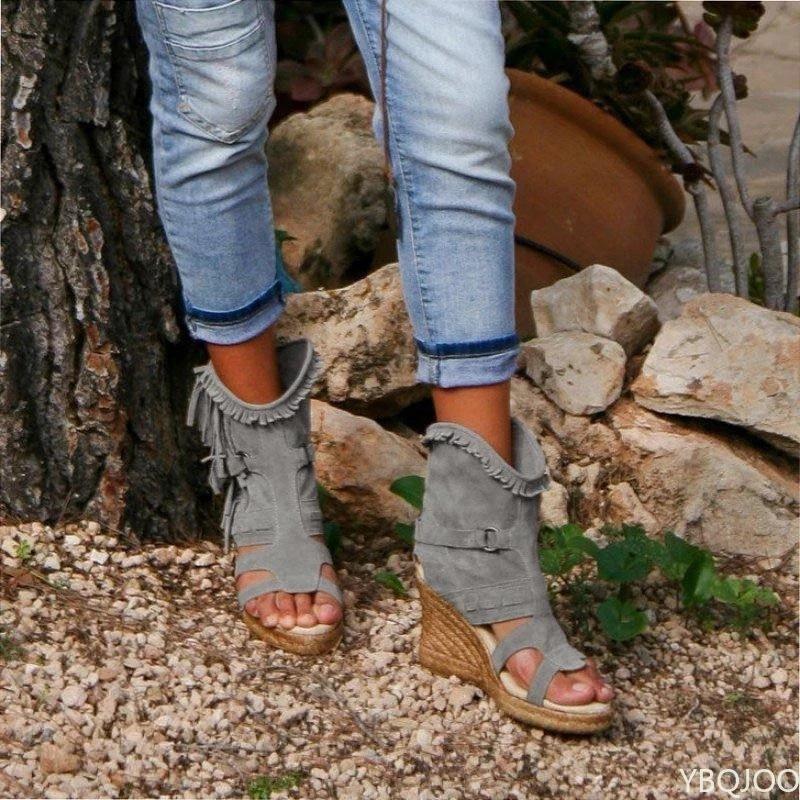 Sandały damskie Lato 34-43 plus Size Buty damskie platforma Koturny Buty z frędzlami Zamknięte palce Rybie usta Buty damskie