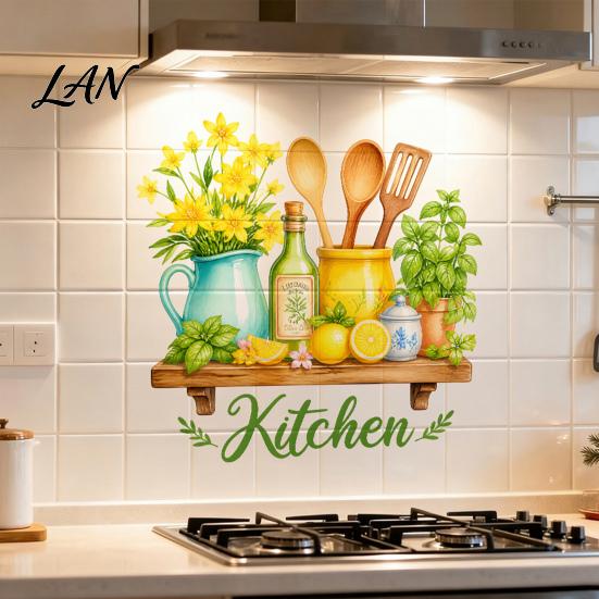 Adesivi Murali in PVC, Adesivi per Cucina ad Acquerello, Pianta Verde Limone Teiera Auto?Adesivi Decorativi, Paraspruzzi Impermeabili Adesivi Decorativi per Fornelli per