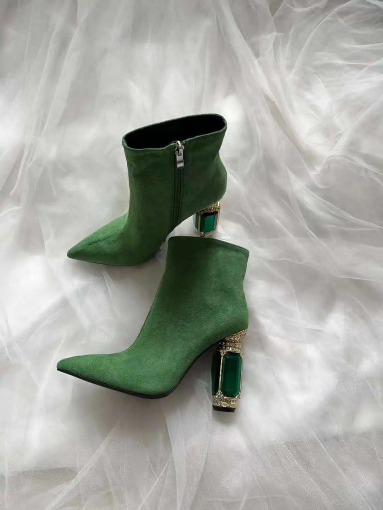 Mode Schwarz/grün Grüner Edelstein Absatz Stiefeletten Wildleder High Heel Stiefel Spitz Zehenbereich Seitenreißverschluss Mode Damenschuhe Kurz-/Langstiefel