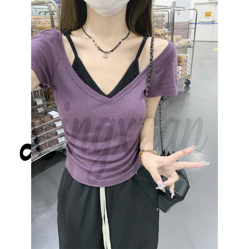 

Purple V-neck Korean Style Cropped T-shirt - Women s Sexy Summer Short Sleeve Top Extra Large фіолетовий