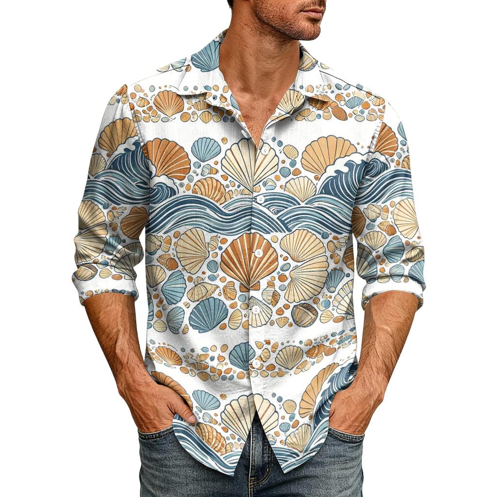 Men's Loose Fit Long Sleeve Shirt Hawaiian Style Button Down Collar Casual Vintage Design Lightweight Breathable Fabric Suitable for Spring Autumn