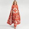 2026 Summer New Women Red White Vintage Print Loose Cape Sleeve Round Neck Maxi Dress Boho Beach Vacation Resort Outfits