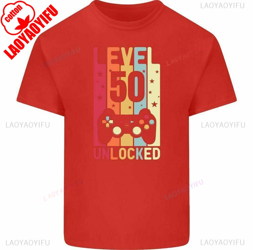 50th Birthday T-Shirt 1975 Mens Funny LEVEL UNLOCKED 50 Year Old Gaming Tee Tops Graphic T Shirts Men Clothing Cotton Shirts
