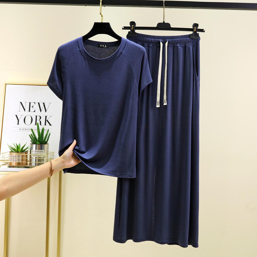 Modal Rundhals Kurzarm T-Shirts und Langer Rock Übergröße Loungewear 2-teiliges Set Lockere Mode Kleidersets Damen passendes Set