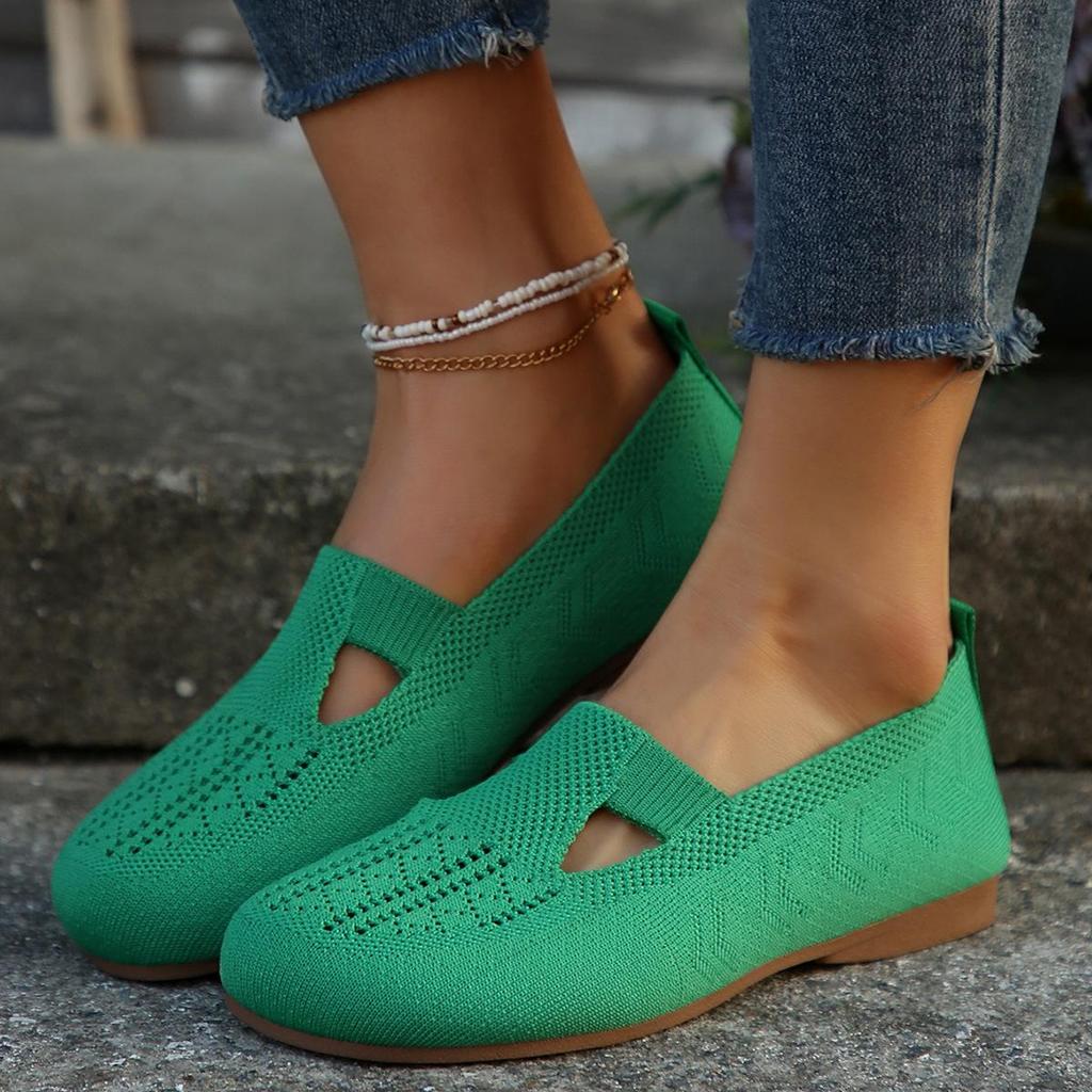 Women Stylish Soft Knitted Flat Shoes Round Toe Hollow Out Design Breathable Lightweight Comfortable Slip on Walking Shoes