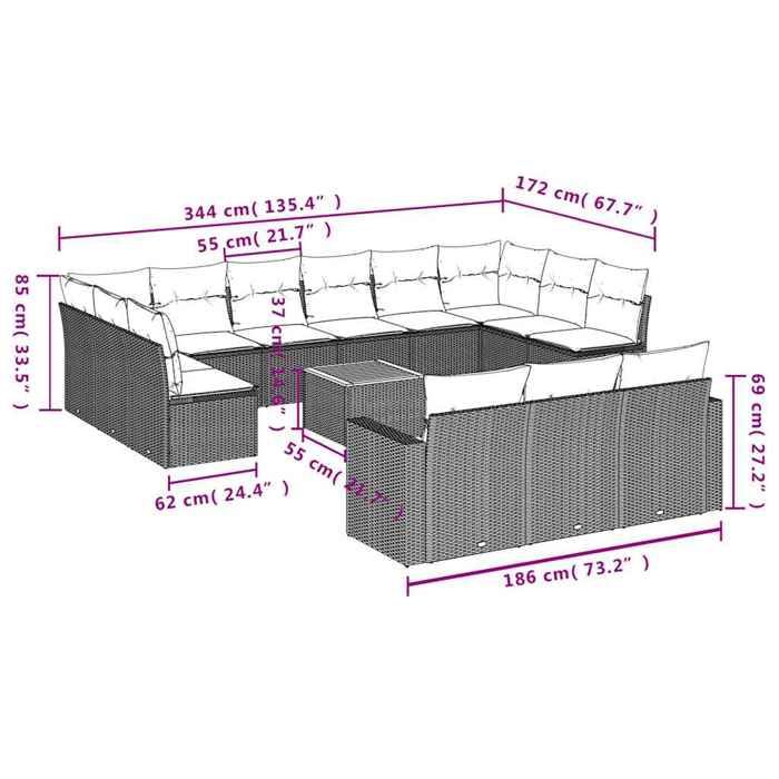 VidaXL Salon de Jardin avec Coussins 14 pcs, Canapés de Patio, Ensemble de Meubles, Mobilier de Terrasse Exterieur, Gris 3256698