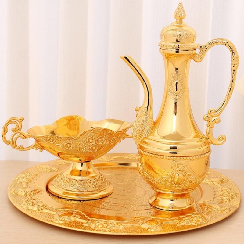 European Wine Set,Alloy Home Wine Pot Wine Glass Bowl Set, Exquisite Golden Wine Glass, Wine Pot Wedding Room Decoration, 1Set