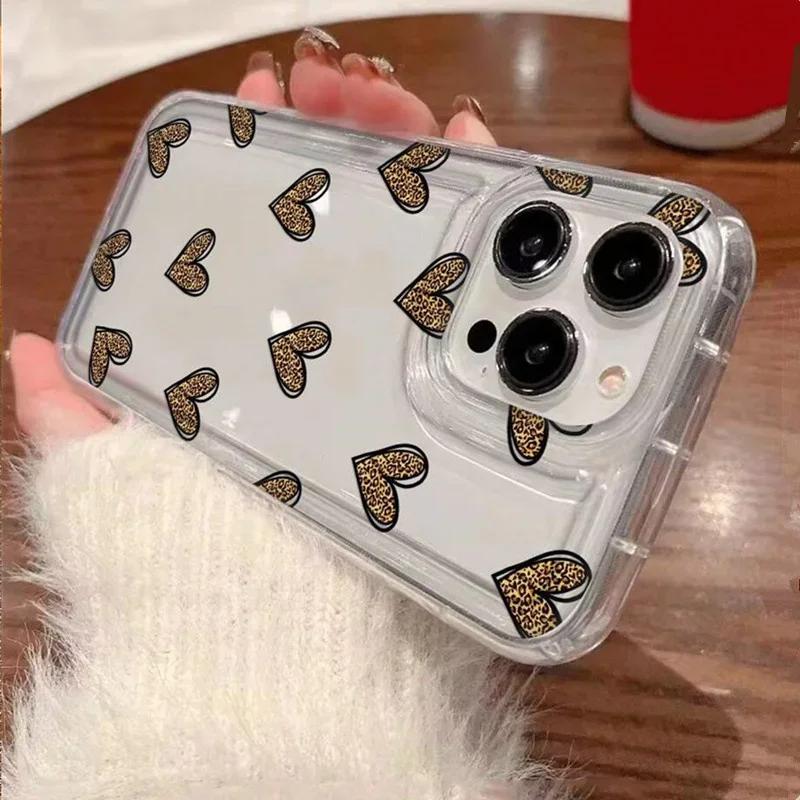 Creative Leopard Love Heart Pattern Case for IPhone 16 15 14 13 12 11 Pro Max XS X XR 8 7 Plus SE  Clear Air Cushion Cover