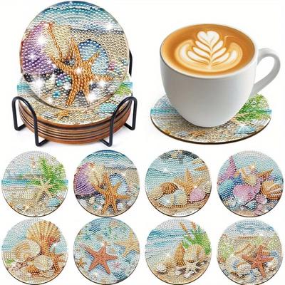 8 Pieces/set of Diamond Painted Ocean Patterned Coasters, DIY Coasters with Holder, Suitable for Beginners and Adults, Art and Craft Supplies Gifts