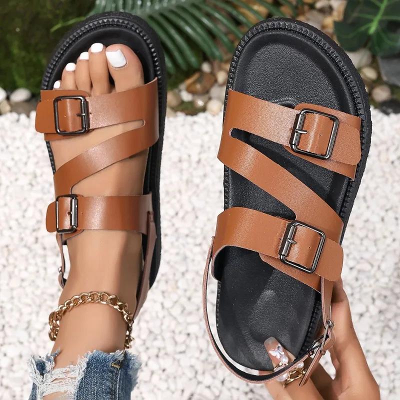 Letnie Gładkie Sandały Damskie z Odkrytymi Palcami na Średnim Obcasie Wodoodporne 2024 Wysokiej Jakości Sandały Damskie na Jeden Guzik Sandały Damskie na Obcasie