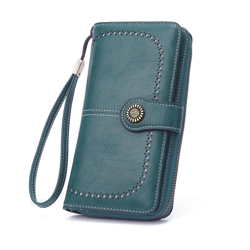 Women's Retro Oil Wax Leather Long Wallet - Hollowed-out Design, Multi-functional, Large Capacity Phone Bag