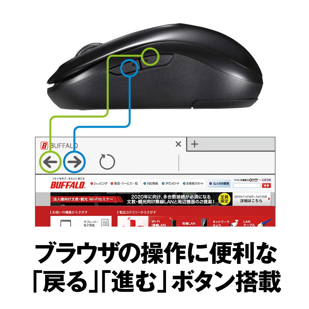 Buffalo Mouse Wireless 5 Buttons with Power Saving Model Can Be Used Up To 584 Days BlueLED Black BSMBW315BK [Equipped Back/Forward Buttons] Compact,