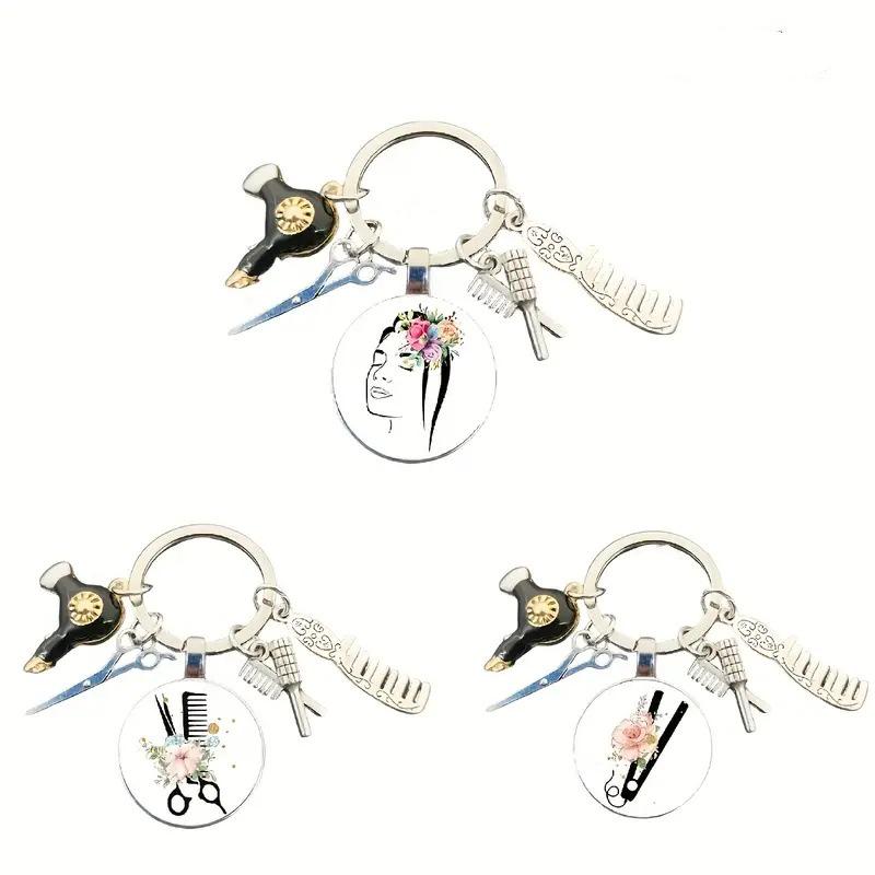 Scissors Comb Hair Dryer Keychain - Barber Shop Stylist Gift