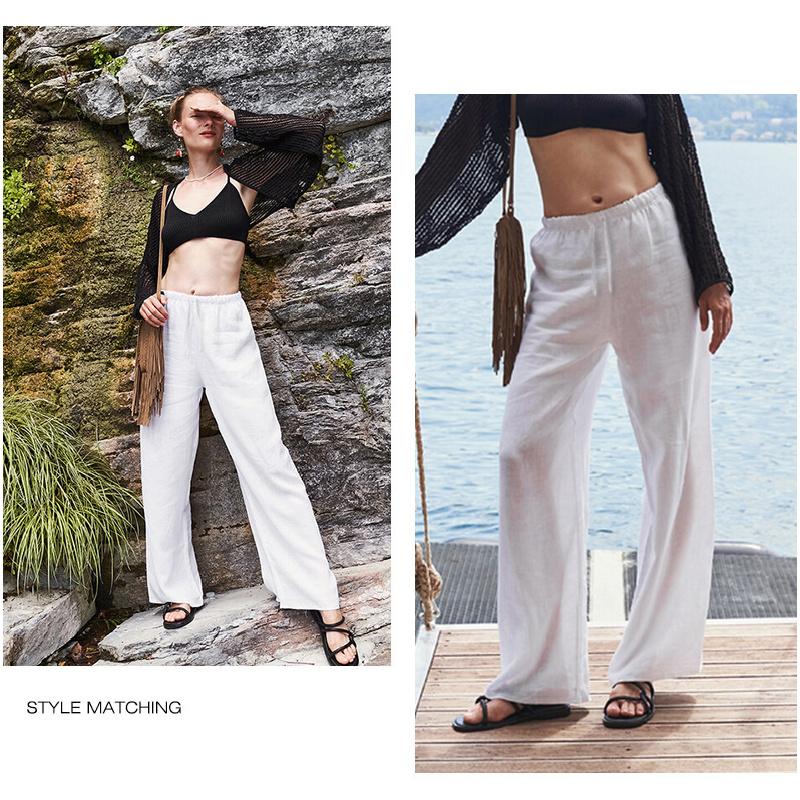 White linen tencel wide-leg women's pants, spring/summer high-end loose simple straight-leg pants, paper-thin cotton-linen casual women's trousers