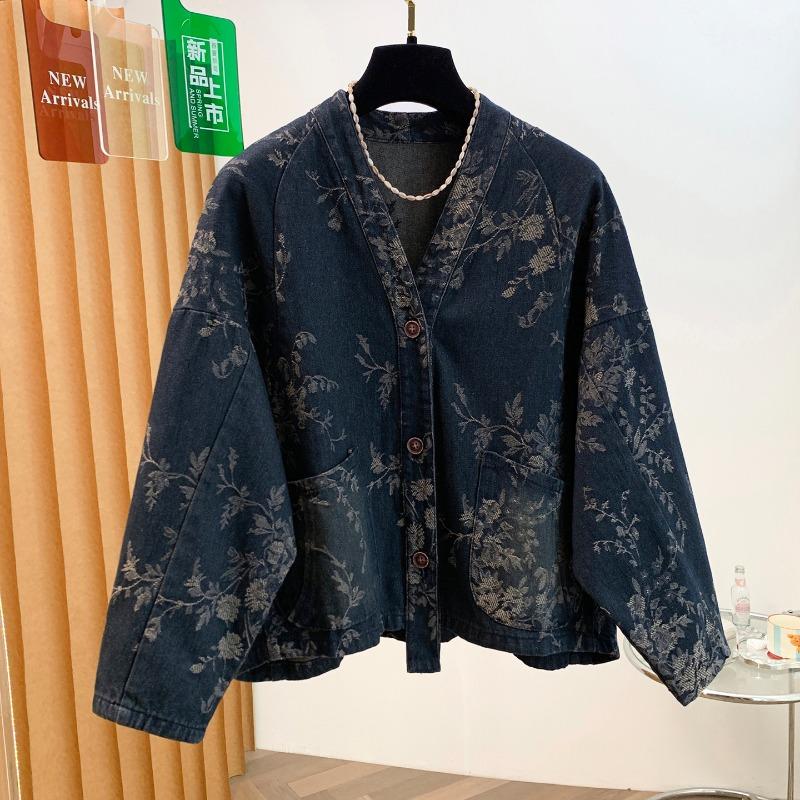 DIMANAF 2026 Autumn Winter Women Denim Jackets Short Coat Casual Print Floral Plus Size Loose Buttons Vintage Outwear