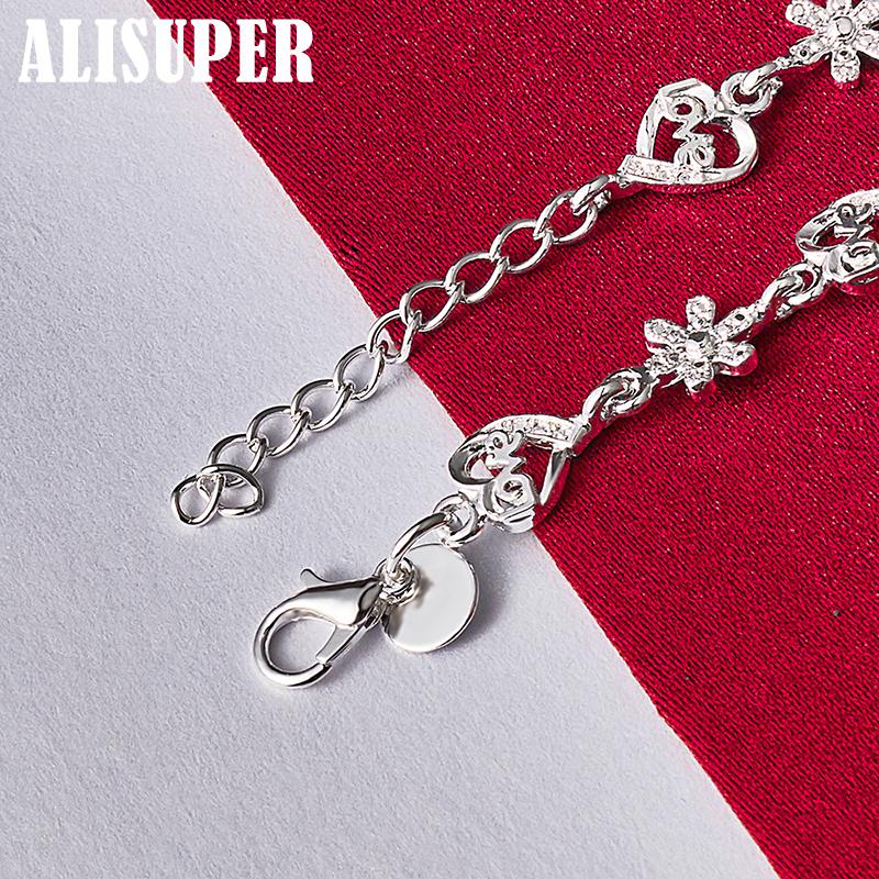 925 Sterling Silver Fashion Crystal Romantic Heart Flower Bracelet Jewelry