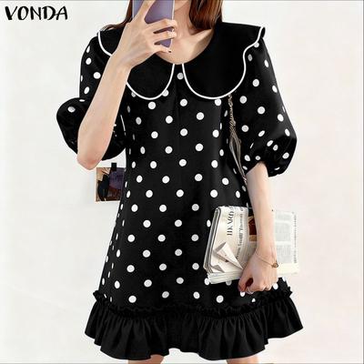 Robe décontractée d'été pour femme à col poupée, manches courtes bouffantes, pois, volants