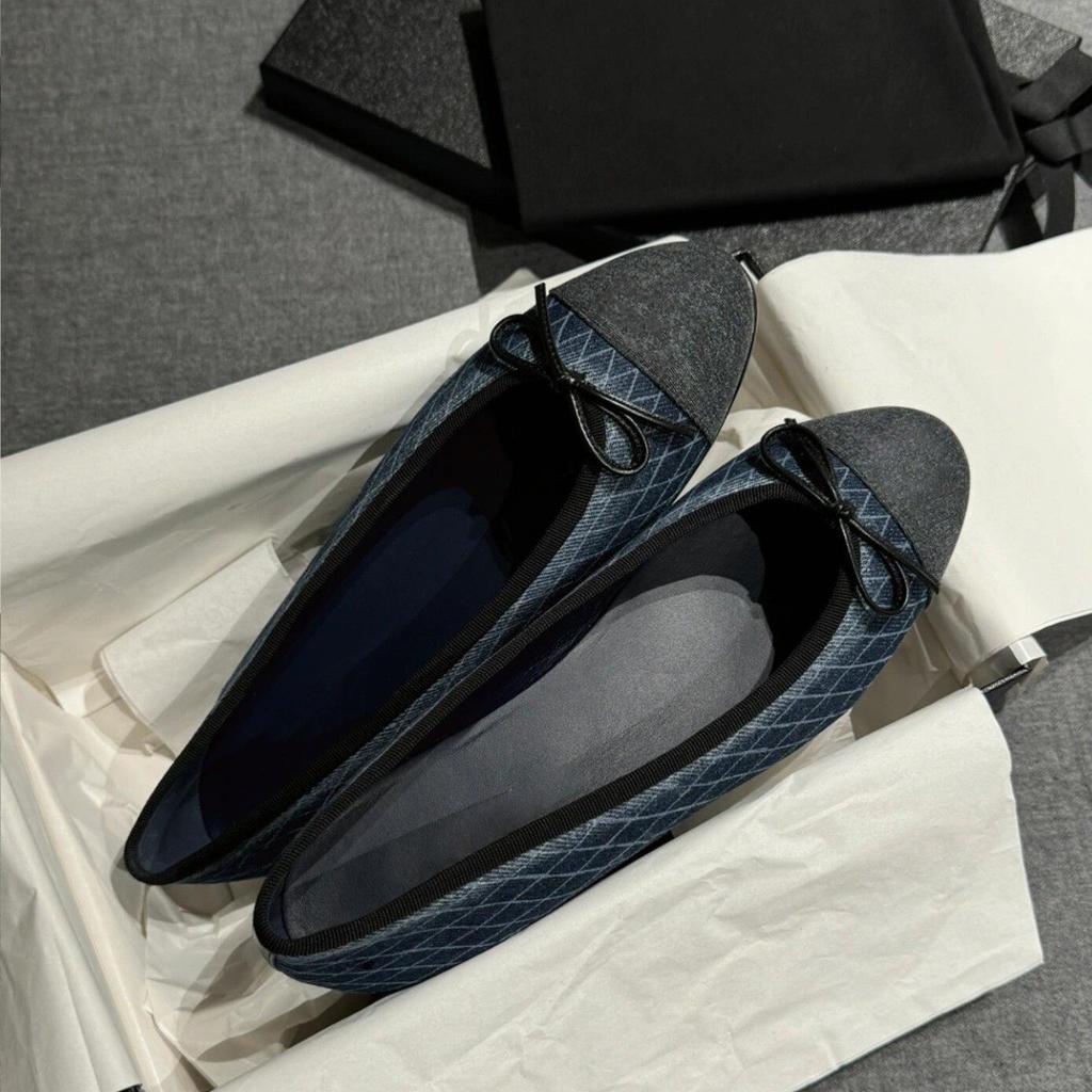 Sheepskin version~ Xiaoxiangfeng leather denim soft-soled single shoes women's spring plaid Mary Jane flats ballet shoes