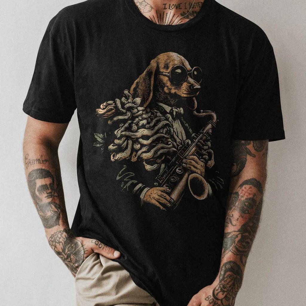 Jazzy Dog Saxophonist T Shirt Musician Vintage Streetwear Casual Graphic Homme Unisex Top For Everyday Wear Fashion