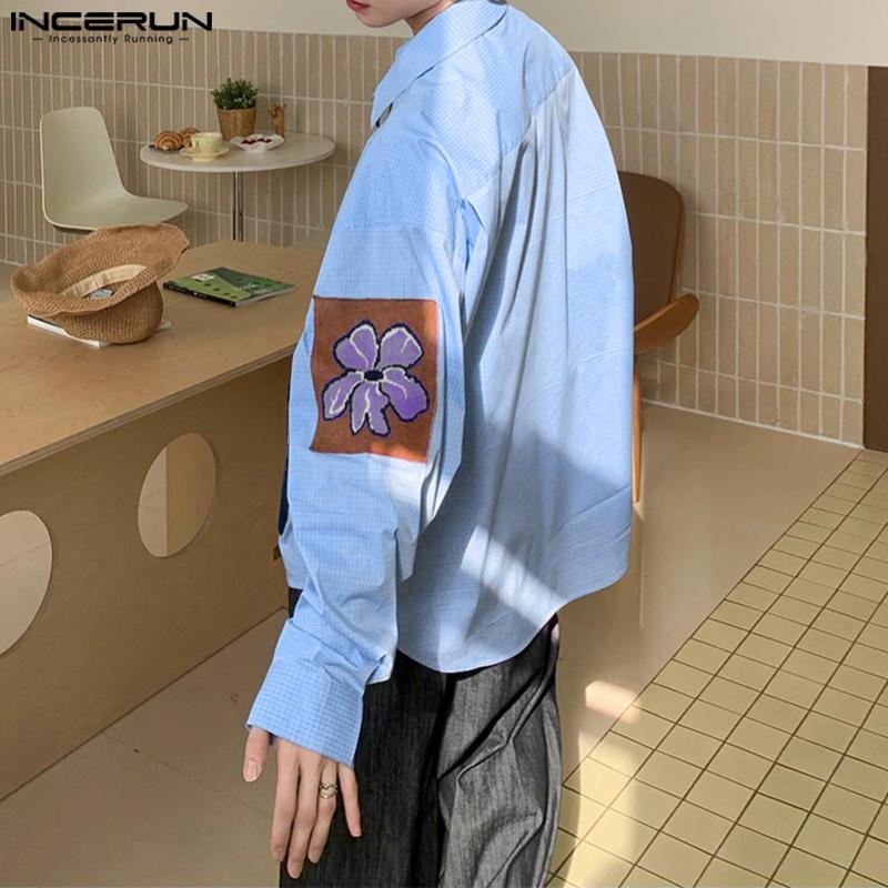 INCERUN Oversized Men Lapel Neck Long Sleeve Floral Print Plaid Casual Shirts Tops