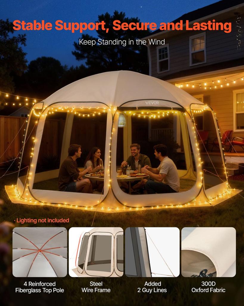 Screen House Tent, 4500 x 4250 x 2450 mm, 12-15 Person Pop Up Screen Tent, Portable Screened in Canopy with Carry Bag, Netting Sides, Ground Stakes,