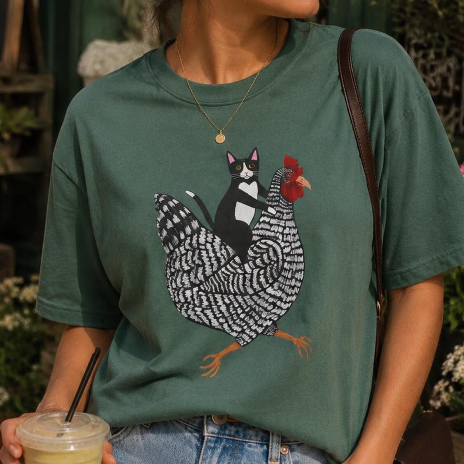 Tuxedo Cat on Chicken T-shirt | Whimsical Farm Animal Illustration Tee, Funny Farm Cat Shirt, Homestead Gift 3XL