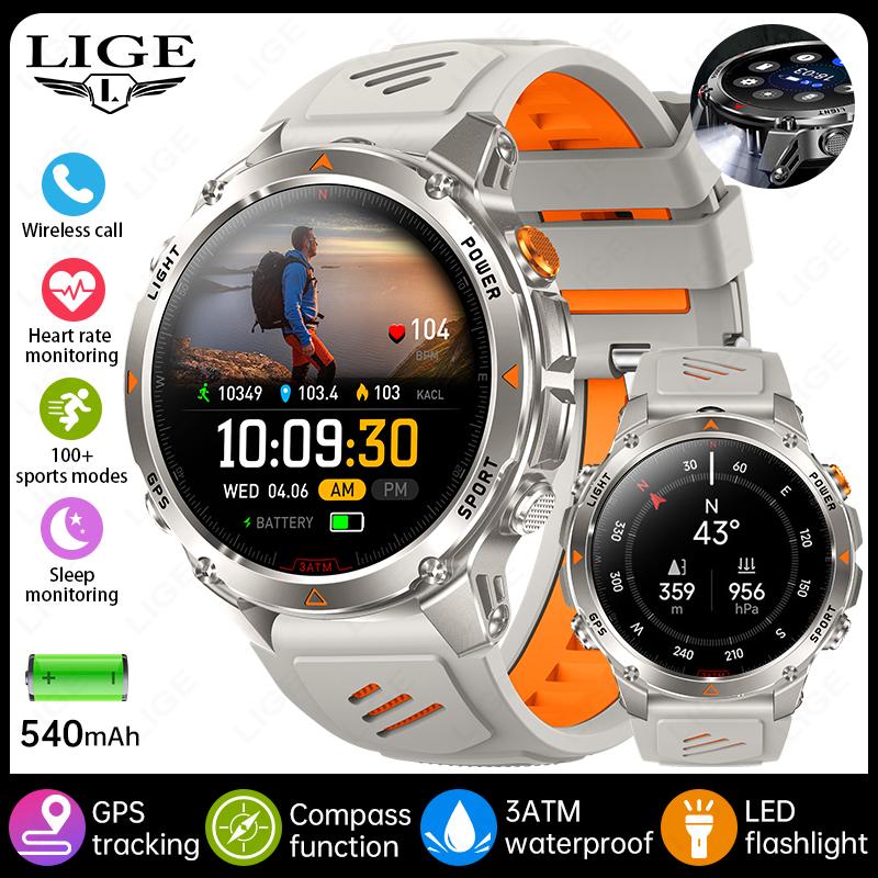 GPS Sports Waterproof Smart Watch Men 1.46“HD Full Touch Screen 500mAh Battery Flashlight Compass Bluetooth Call Smartwatch