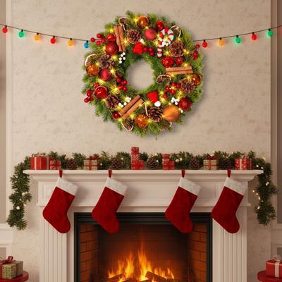 LED Christmas Wreath with PineCones Artificial Decorative Garland Timing Christmas Ornaments Garland for Scene Decoration Layout