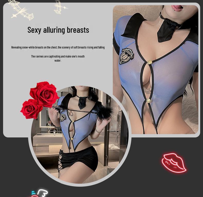 Policewoman Cosplay Lingerie: Sexy V-Neck One-Piece with Hollow Straps and Hip Skirt.