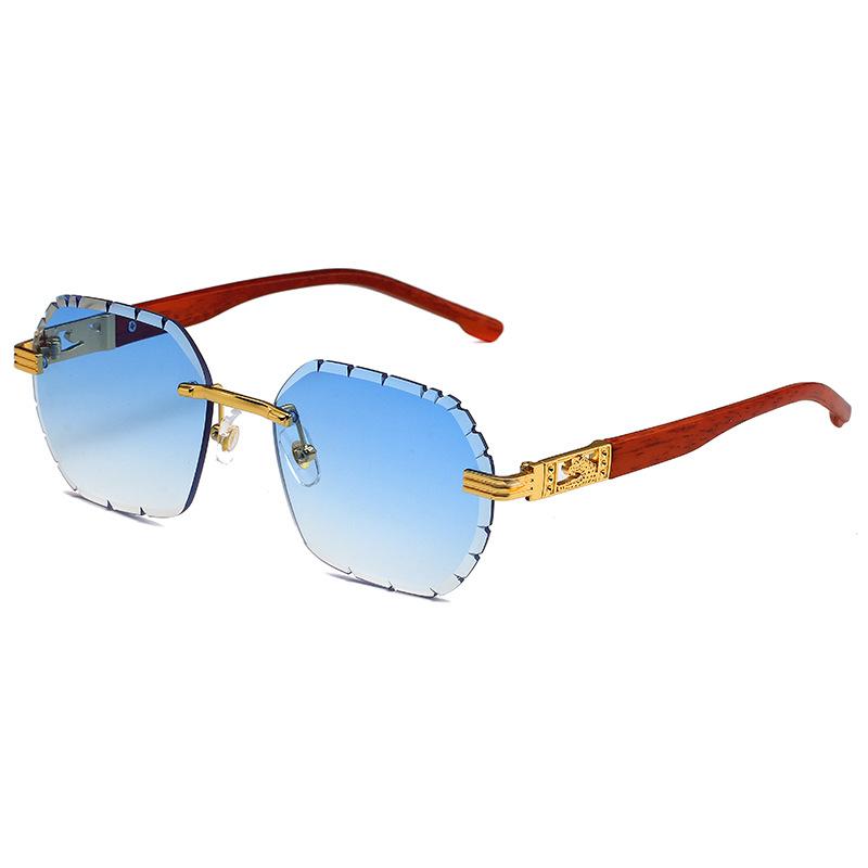 Retro imitation wood grain square sunglasses men's frameless trimmed engraved leopard driving sunglasses men