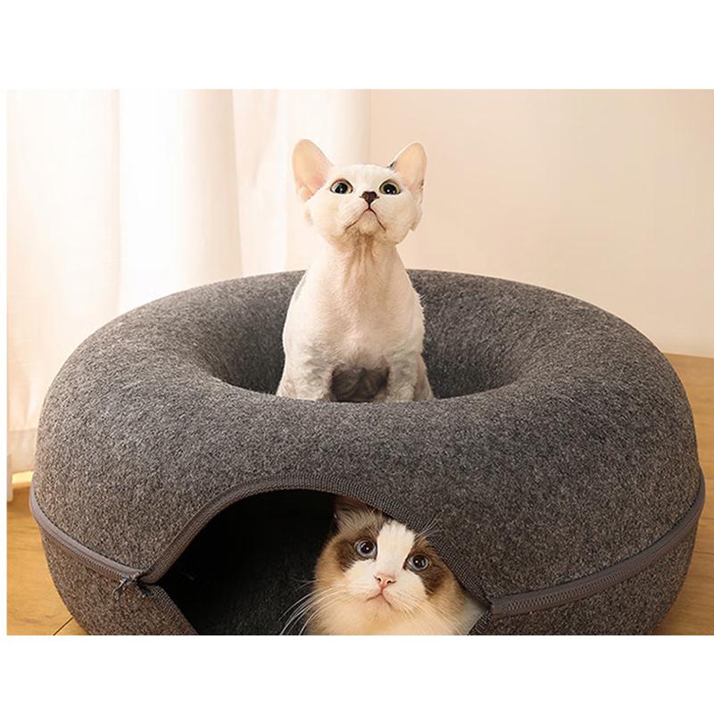 Donut Cat Bed for 2 Cats Pet Cat Tunnel Toys Kitten House Basket Interactive Play Toys for Cats Natural Felt Rabbit Cave Nest