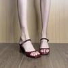 Retro Simple Red Square Head with Slippers Women's Open-toed Square Head High-heeled Temperament Sandals