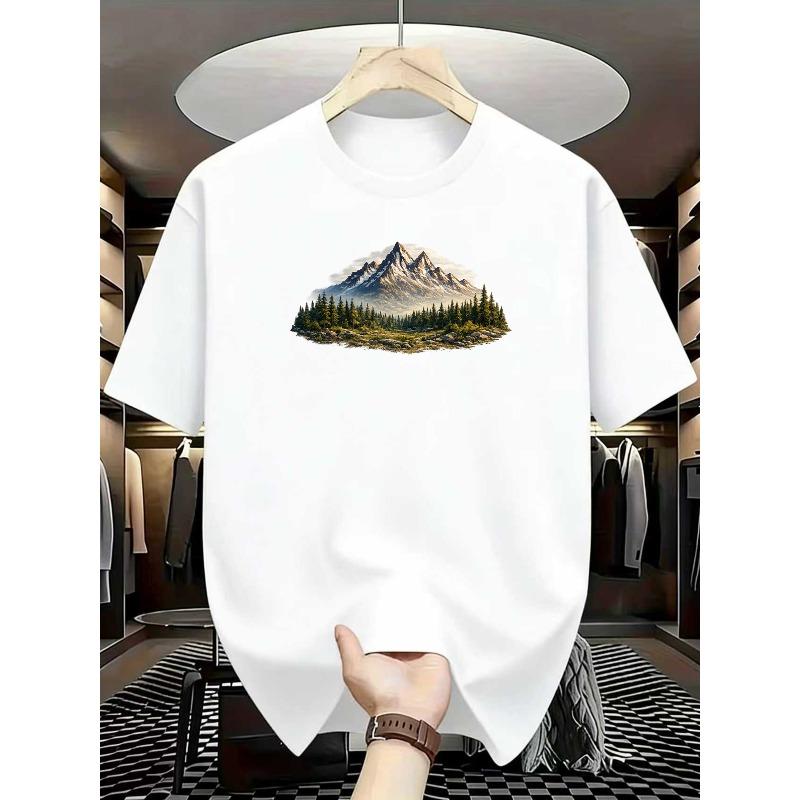 European Size Men'S Mountains And Their Reflections Graphic Print Crew Neck T-Shirt | Soft, Medium-Stretch Blend Fabric