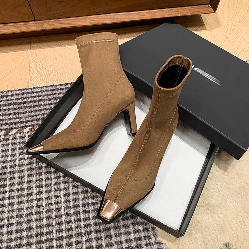 European popular anti-kick iron head short boots British style fashion versatile square head thick heel side zipper elastic thin boots women