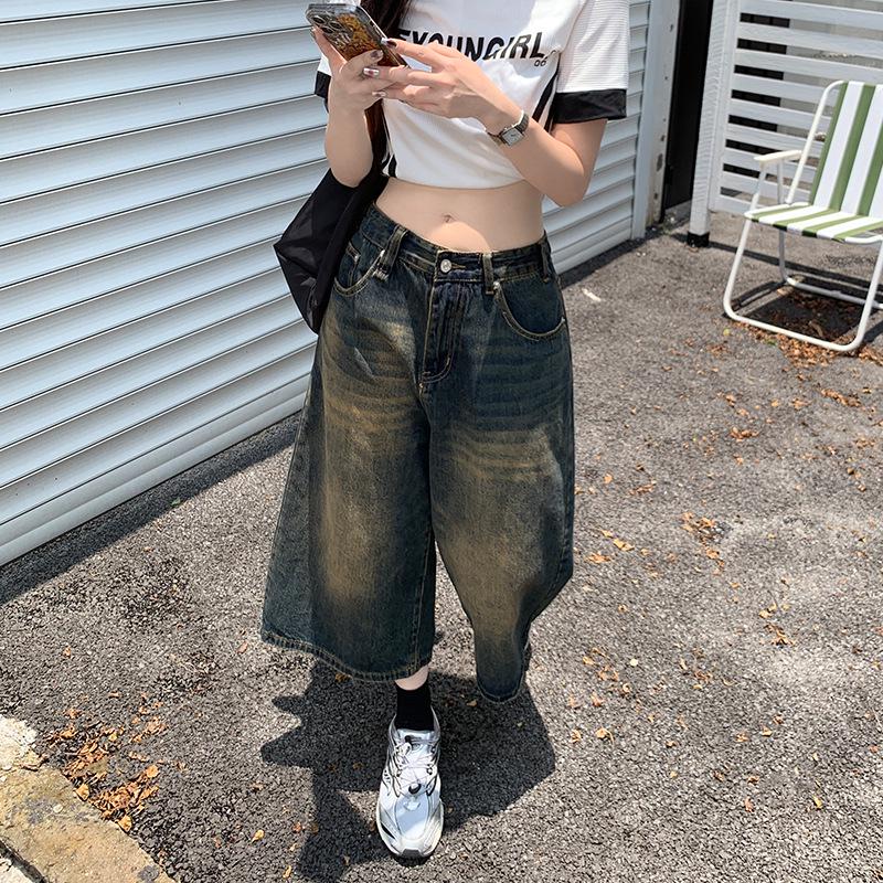 Retro Washed Distressed Wide Leg 7/8 Jeans - Unisex High Street Loose and Straight Mid-Length Shorts for Spring/Summer.