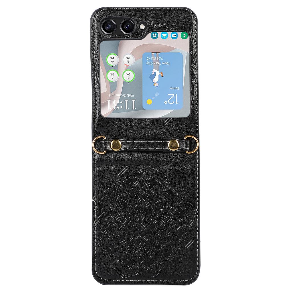 For Samsung Galaxy Z Flip5 5G Flower Imprinted Phone Case Anti-Drop PU Leather PC Cover with Shoulder Strap