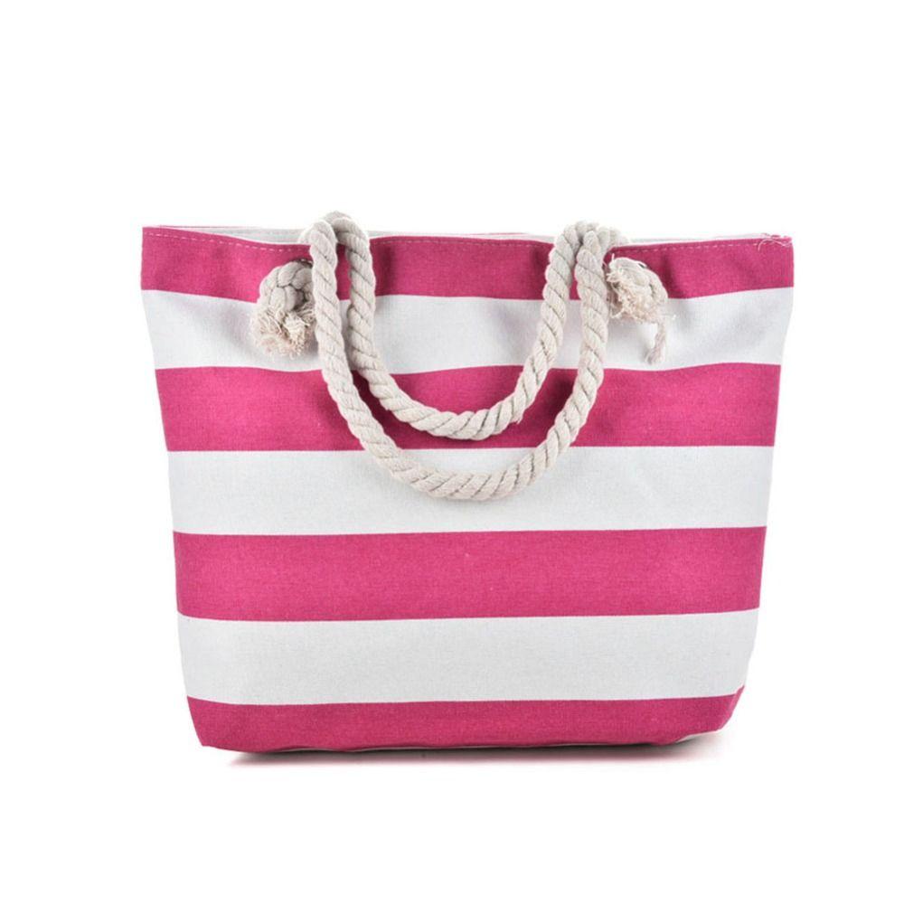Striped Beach Tote Bag Canvas Large Capacity Travel Handbag Zipper Foldable Shoulder Bag For Travel Work Beach Gym Store