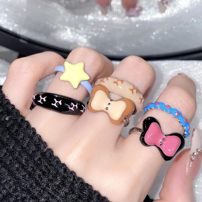 Dripping Oil Maillard Dark Bow Star Opening Ring Set Cold Style Fashion Ring Women
